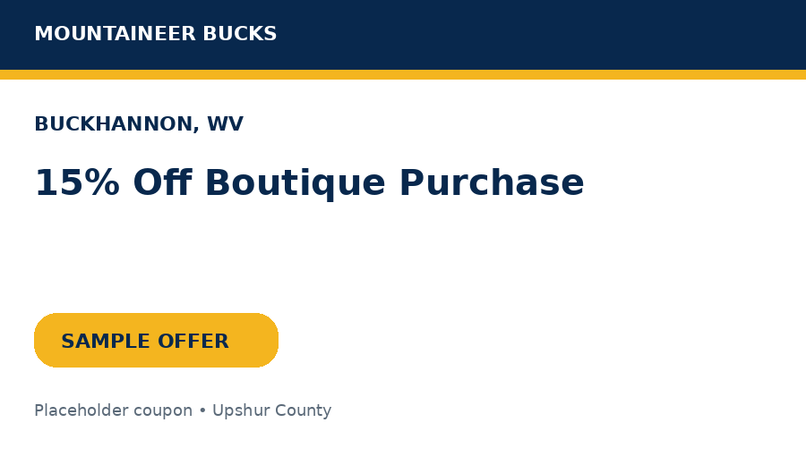 Sample Buckhannon coupon: 15% Off Boutique Purchase