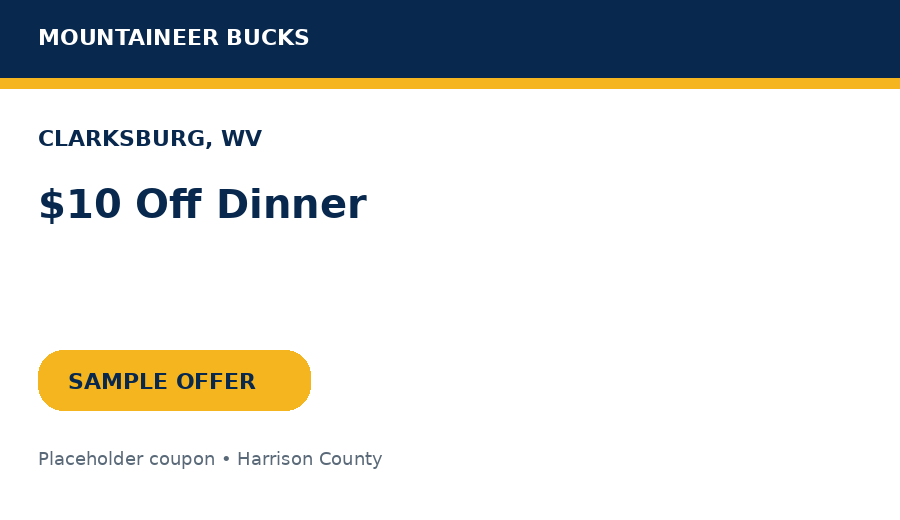Sample Clarksburg coupon: $10 Off Dinner