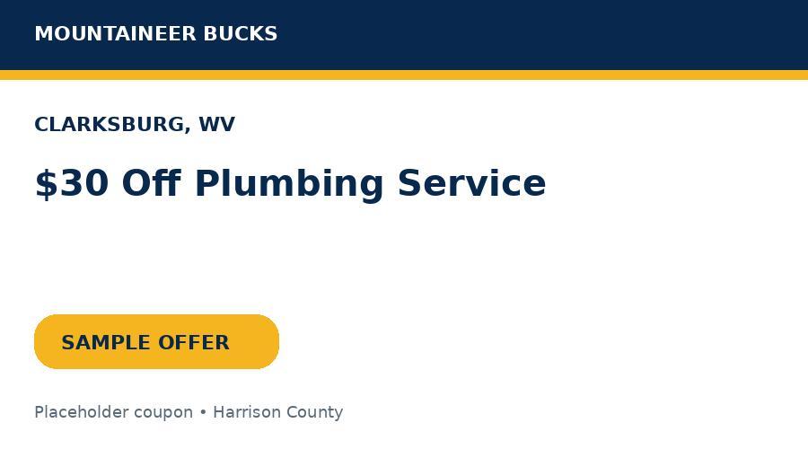 Sample Clarksburg coupon: $30 Off Plumbing Service