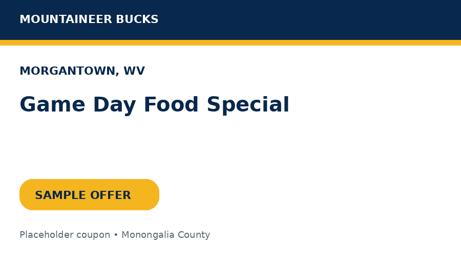 Sample Morgantown coupon: Game Day Food Special