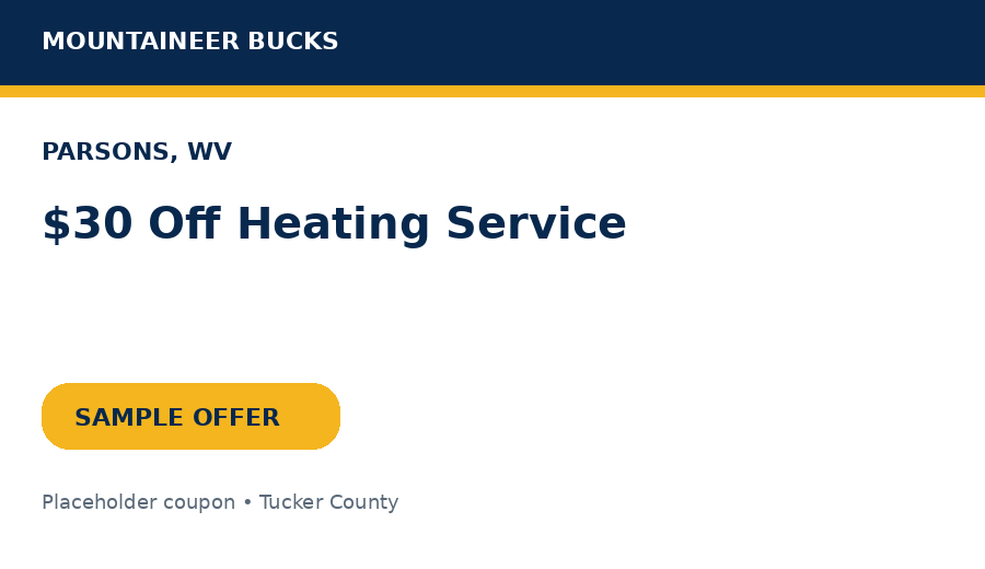 Sample Parsons coupon: $30 Off Heating Service